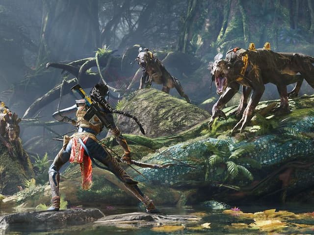 Skärmdump från spelet Avatar: Frontiers of Pandora där en Na'vi-soldat möter farliga varelser vid vattnet