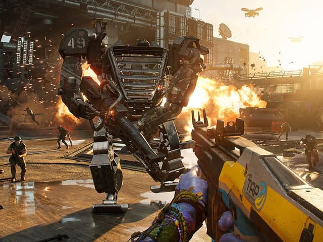 Skärmdump av en stridsscen mellan Na'vi-stam och maskin i spelet Avatar: Frontiers of Pandora