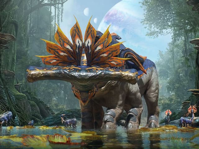 Skärmdump från spelet Avatar: Frontiers of Pandora med stor hammarhuvudvarelse