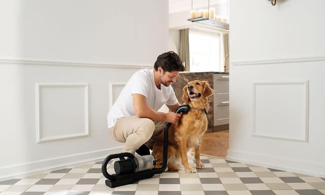 Man dammsuger sin hund med Nilfisk S1 Pet Care