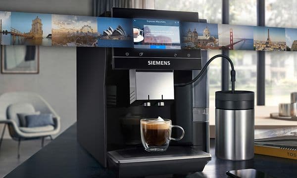 Siemens EQ700 -kahvikone ja kuvia eri maista, joiden avulla havainnollistetaan laitteen tarjoamat kansainväliset maut