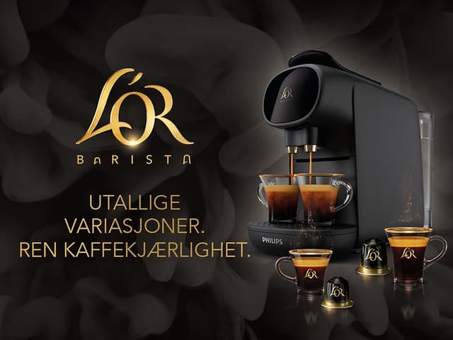 L'OR Barista kaffemaskin og teksten Utallige variasjoner. Ren kaffekjærlighet
