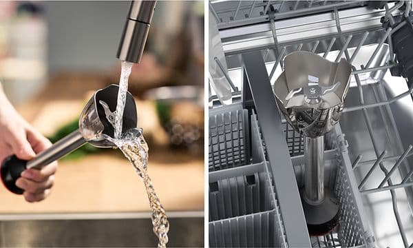 SDA - Bosch - To billeder ved siden af hinanden, der viser hvordan man vasker Bosch Stavblender i hånden