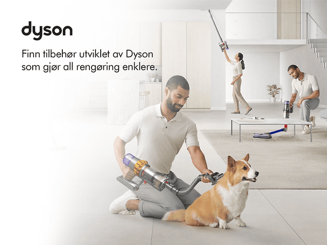 Mennesker som bruker forskjellig Dyson-tilbehør og teksten Finn tilbehør utviklet av Dyson som gjør all rengjøringen enklere