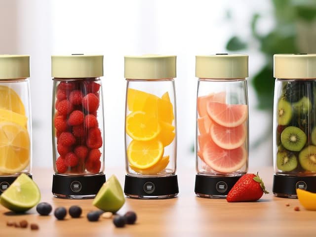 5 smoothie blenders in different colours with fruits