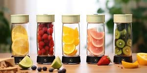 5 smoothie-blenderiä eri värisinä ja eri hedelmillä täytettyinä