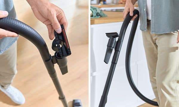 Två bilder bredvid varandra där tillbehöret är fäst på dammsugarens rör och när det tas i bruk