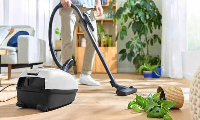 Person som rengjør stuegulv med Bosch Series 4 støvsuger etter en potteplante har veltet