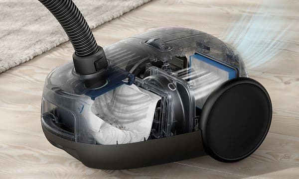 Electrolux Clean 600 Bagged vacuum cleaner and illustrations of how the high filtration system works