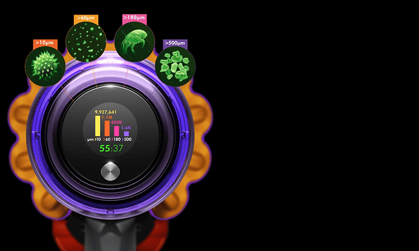 Dyson V15 Fluffy støvsugere viser de forskjellige nivåene av støv og partikler takket være Piezo-sensoren