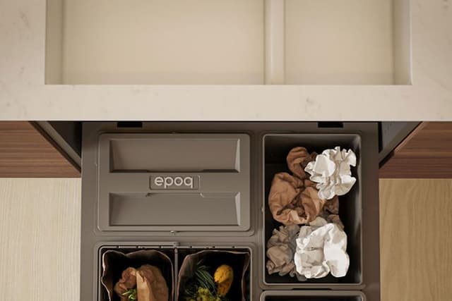 EPOQ Edge Walnut -keittiö - Quartz Silestone Statuario -työtaso- Blanco-Subline - Jätteiden lajittelu