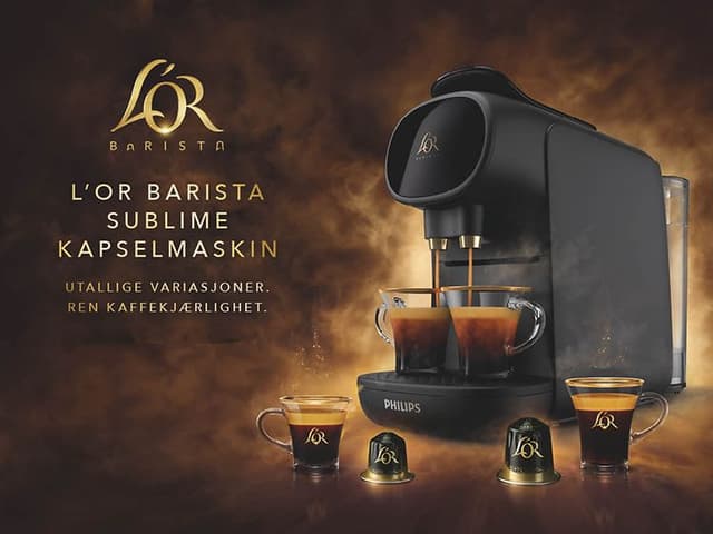 L'OR maskinguide toppbanner med teksten L'OR Barista Sublime kapselmaskin