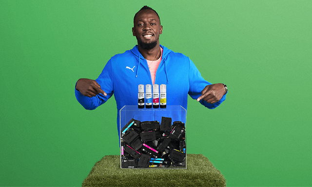 Printing med Epson, Usain Bolt peker på blekkflasker