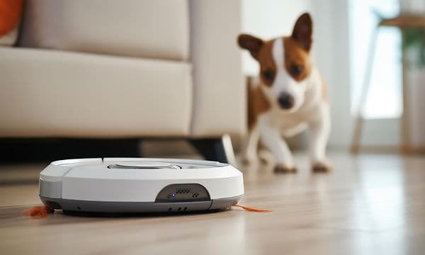 Støvsugere til kæledyrshår - Robotstøvsuger på gulvet og en hund i baggrunden