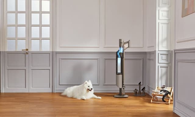 Dreame Z10 Station og en hund i et rum