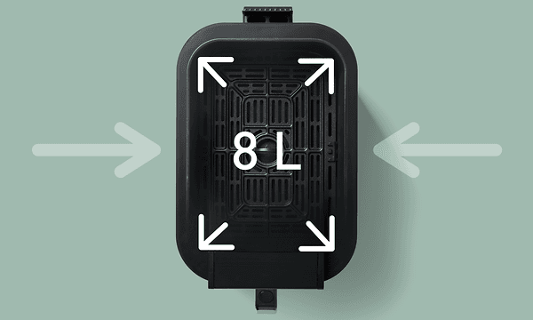 F&B Slimline Air Fryer og illustrasjon på dens kapasitet på 8 liter