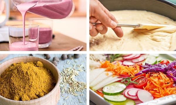 Samling av fire bilder med smoothie, kakedeig, krydder og salat