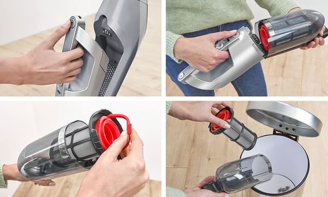 Four images describing how to empty and clean Bosch BCH3K2801 vacuum's dust collector and filter