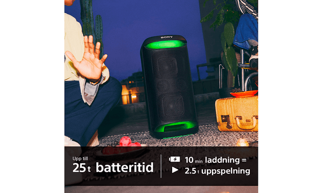 Sony XV500 partyhögtalare utomhus och information om upp till 25 timmars batterikapacitet