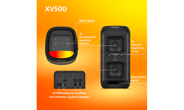 Sony XV500 speaker pictured from three different angles to describe it's sound outputs