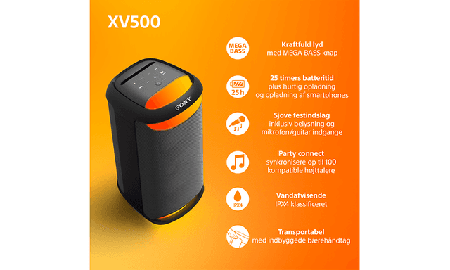 Sony XV500 festhøjttaler med beskrivelse af funktioner