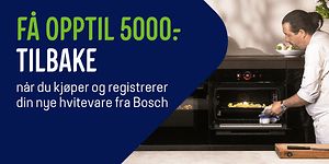 Mann som tar ut av en Boch-ovn og teksten Få topptil 5000,- tilbake