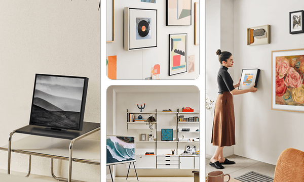 Picture collage of how Samsung Music Frame can be used as an interior element at home