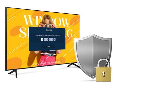 Samsung Business TV and a lock in front of it to illustrate security lock function on the tv