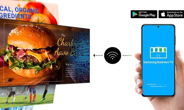 Samsung Business TV og en smarttelefon med BizTV-app