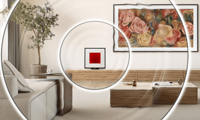Samsung Music Frame og illustration af lydbølger fra Dolby Atmos