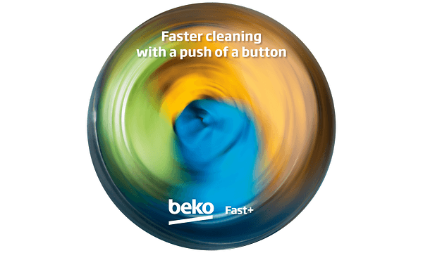 Beko Fast+ -merkki, jossa englanninkielinen teksti Faster cleaning with a push of a button