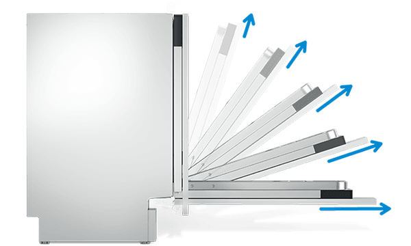 Kuvituskuva, jossa havainnollistetaan Beko-astianpesukoneen oven avausmekanismi