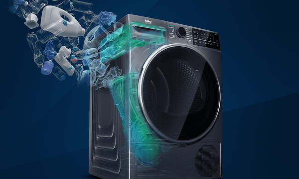Beko 2021 TD Greendry -pyykinpesukone, jonka päälle kuvitettu koneen sisältämät eri komponentit