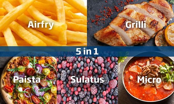 Beko-mikroaaltouunin viisi eri toimintoa; airfryer, paista, grillaa, sulata ja mikro