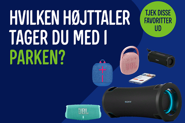 Banner med forskellige højttalere og teksten Hvilken højttaler tager du med i parken