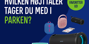 Banner med forskellige højttalere og teksten Hvilken højttaler tager du med i parken