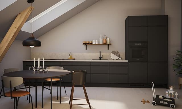 Epoq Integra black, terrazzo laminate backsplash