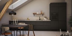Epoq Integra black, terrazzo laminate backsplash
