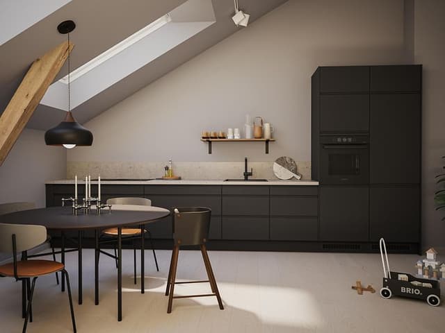 Epoq kitchen Integra black, terrazzo laminate backsplash