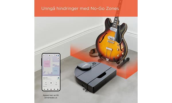 Neato robotstøvsuger rengjør rundt en gitar og et bilde av en smarttelefon
