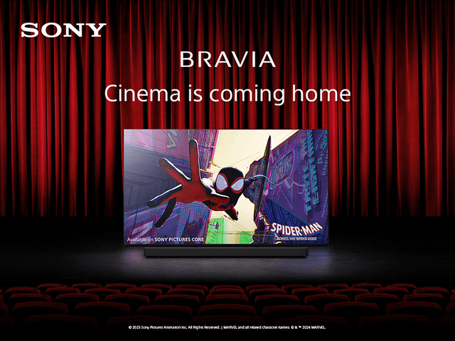 Sony Bravia TV og tekst "Cinema is coming home" samt bilde av animert Spider-man på tv-skjermen