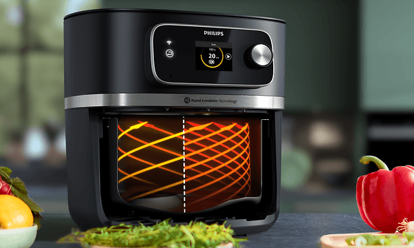 The Philips Combi XXL Airfryer with illustration of its Rapid CombiAir technology
