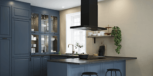 Heritage Bluegrey Epoq-kjøkken med kjøkkenøy med fritthengende ventilator