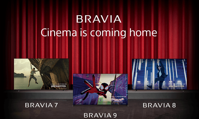 Sony-banner med tre Bravia-TV-er og tekst Cinema is coming home