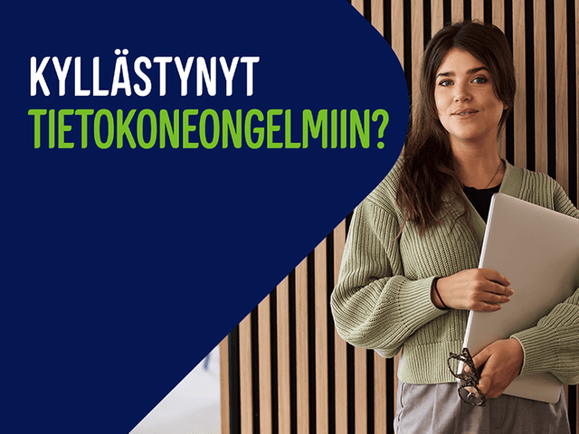 Nainen pitelee kannettavaa tietokonetta kädessään ja vieressä teksti; Oletko kyllästynyt tietokoneongelmiin?