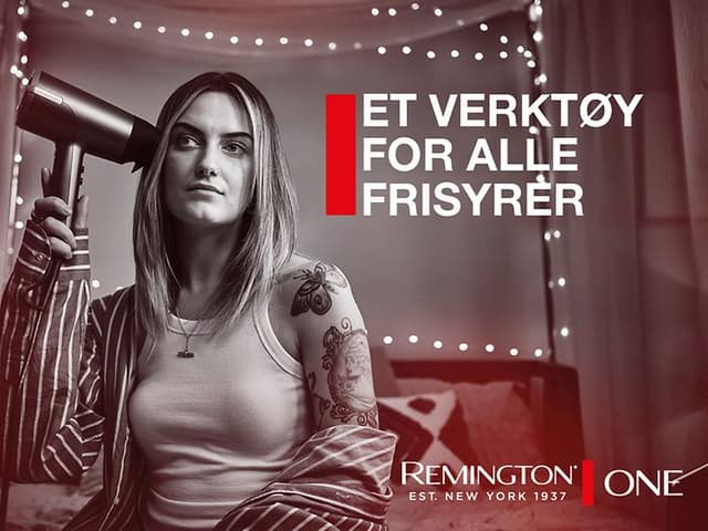 Remington hårføner i hånden på en kvinne og teksten Et verktøy for alle frisyrer