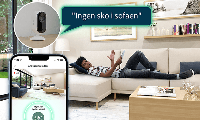 Arlo Essential 2K innendørs overvåkningskamera som snakker i sanntid