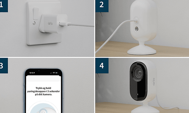 Arlo Essential 2K innendørs overvåkningskamera som er lett å installere