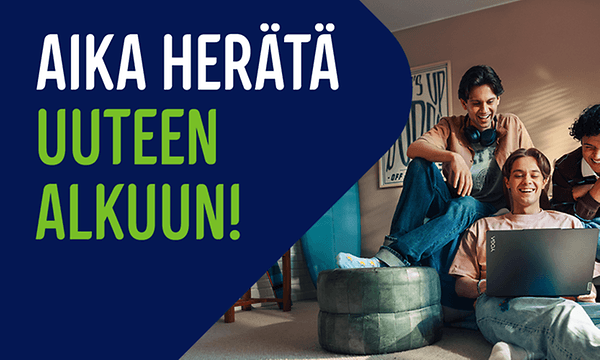 Kolme nuorta miespuolista henkilöä katsovat Lenovon kannettavan näyttöä ja teksti "Aika herätä uuteen alkuun"