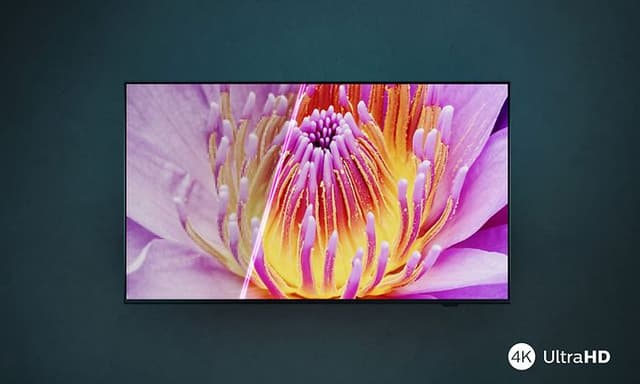 4K Ultra HD LED TV med pink og gul blomst på skærmen